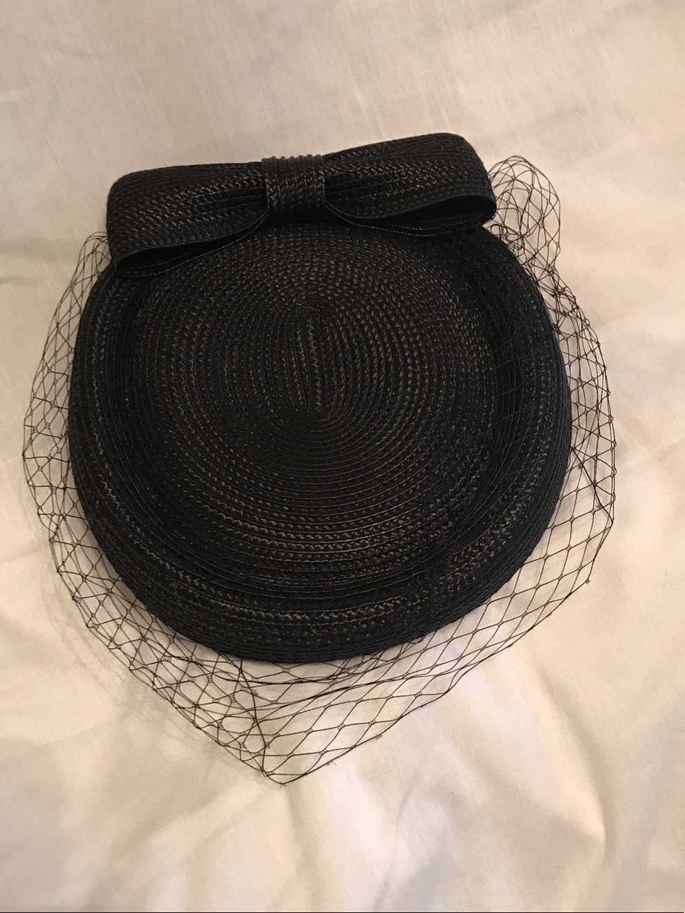 Black Straw Bow Pillbox Hat with Veil - Women Accessories